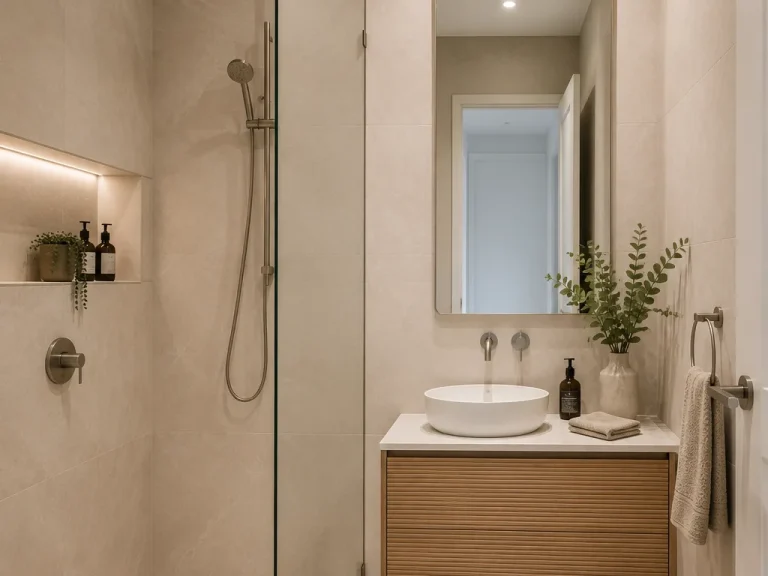 Small ensuite bathroom design with walk-in shower and niche shelf