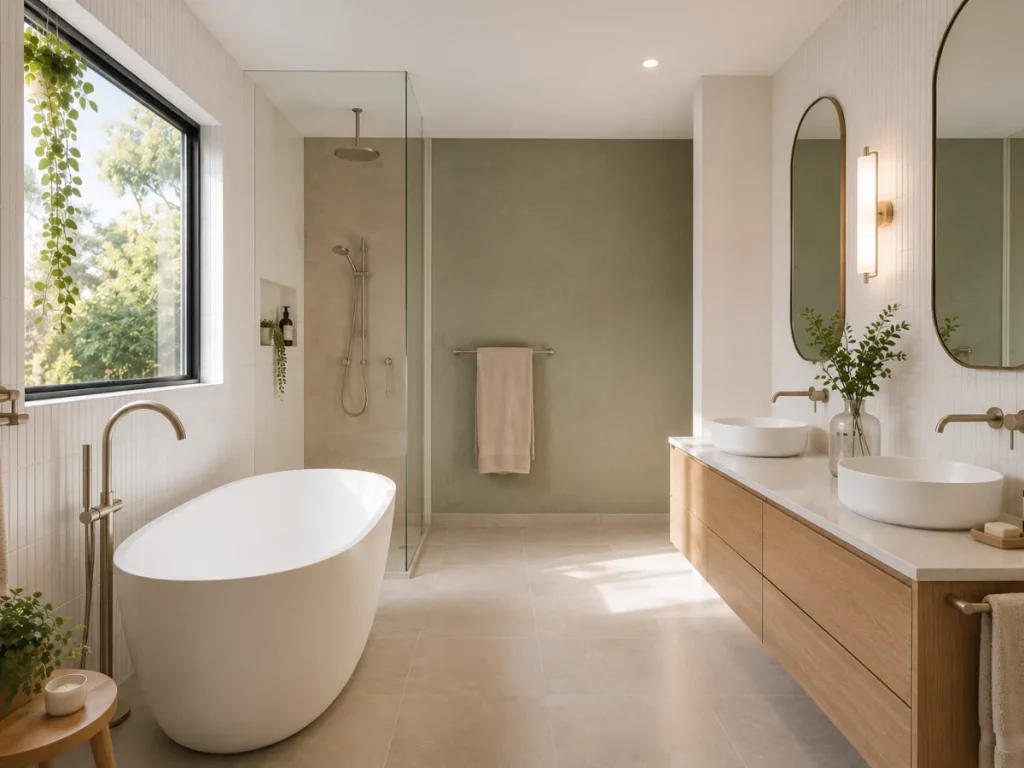 Family bathroom design with freestanding bath and double vanity