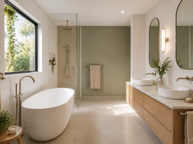Family bathroom design with freestanding bath and double vanity
