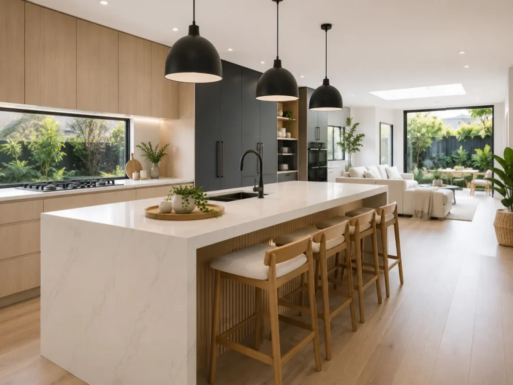 Open-plan kitchen design with large island bench and pendant lights