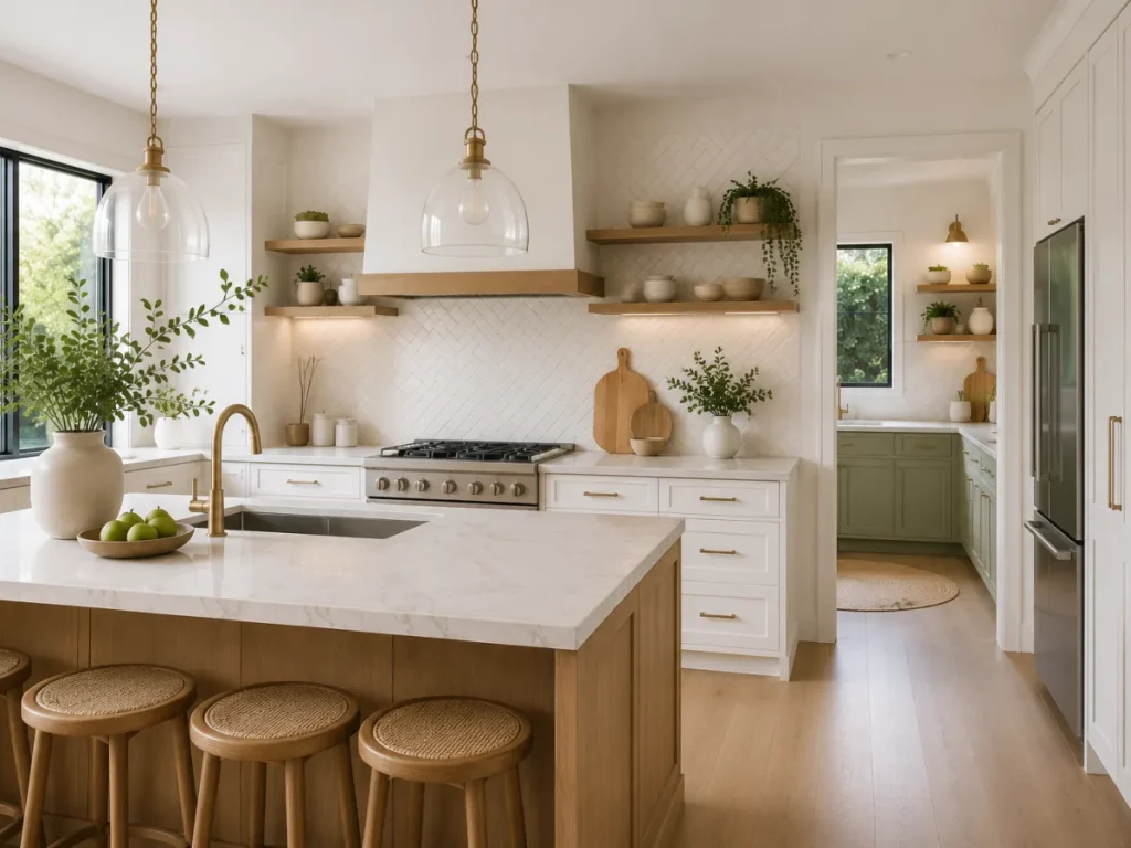Family kitchen design with shaker cabinetry and butler's pantry