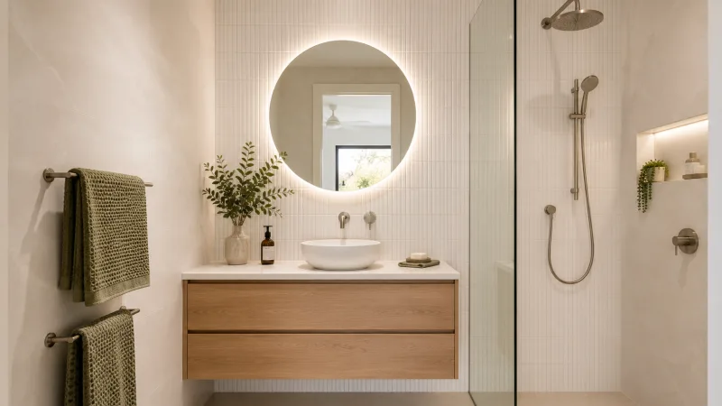Compact renovated ensuite bathroom with walk-in shower and wall-hung vanity