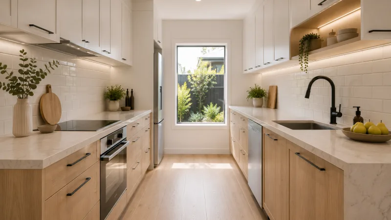 Renovated modern kitchen with sage cabinetry and stone benchtop
