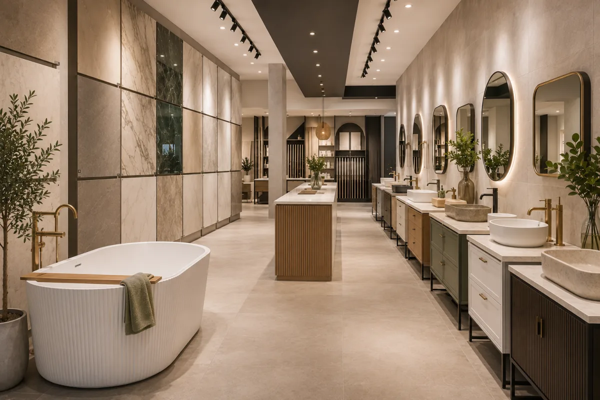 Bathroom renovation showroom with tile displays and vanity units